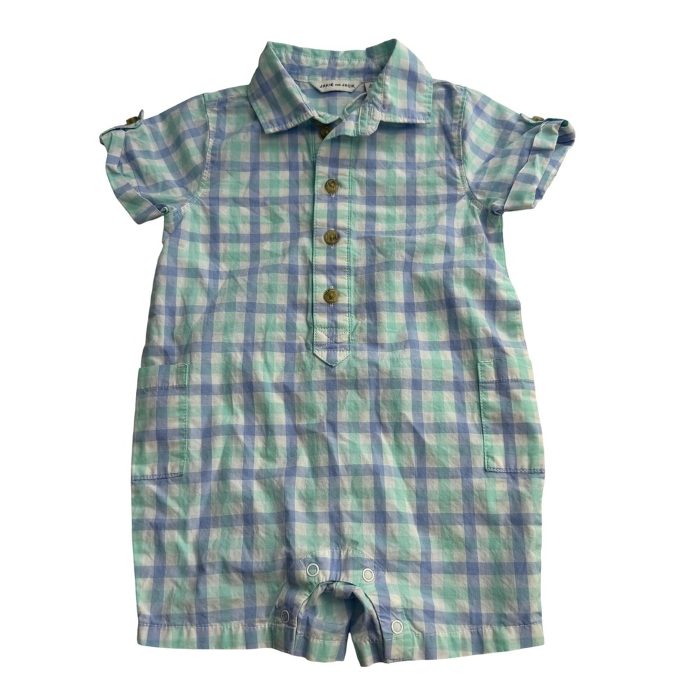 Janie and Jack Plaid Blue Collar Grandpa Romper Outfit Boys 6-12 months Cotton